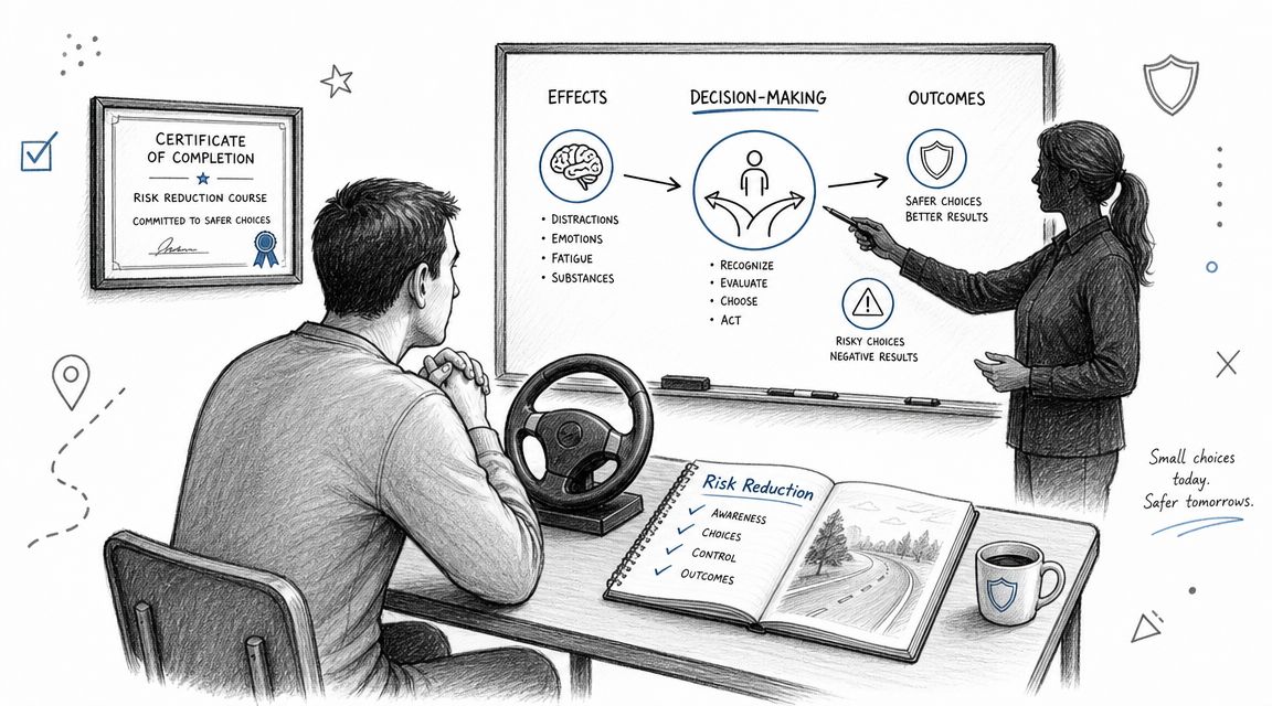 A woman explains the decision-making process to a man in a risk reduction training session.