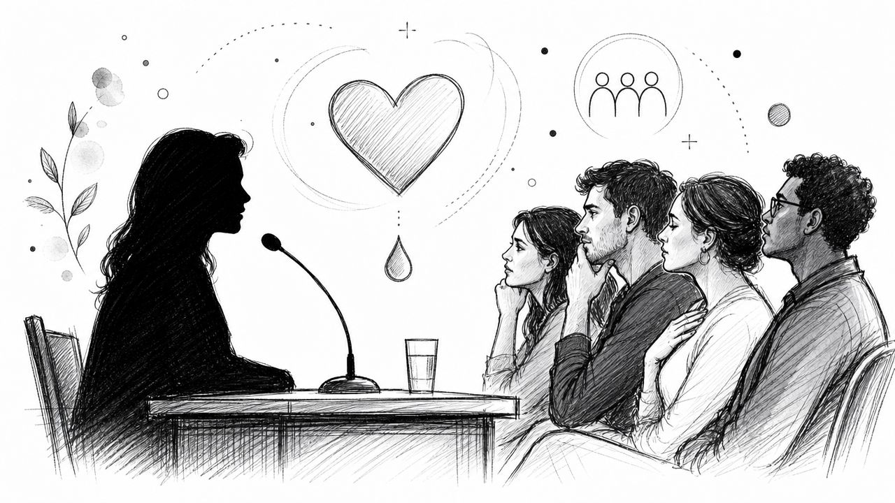A silhouette speaker presents to a diverse group of attentive listeners, with a sketched heart and droplet above.