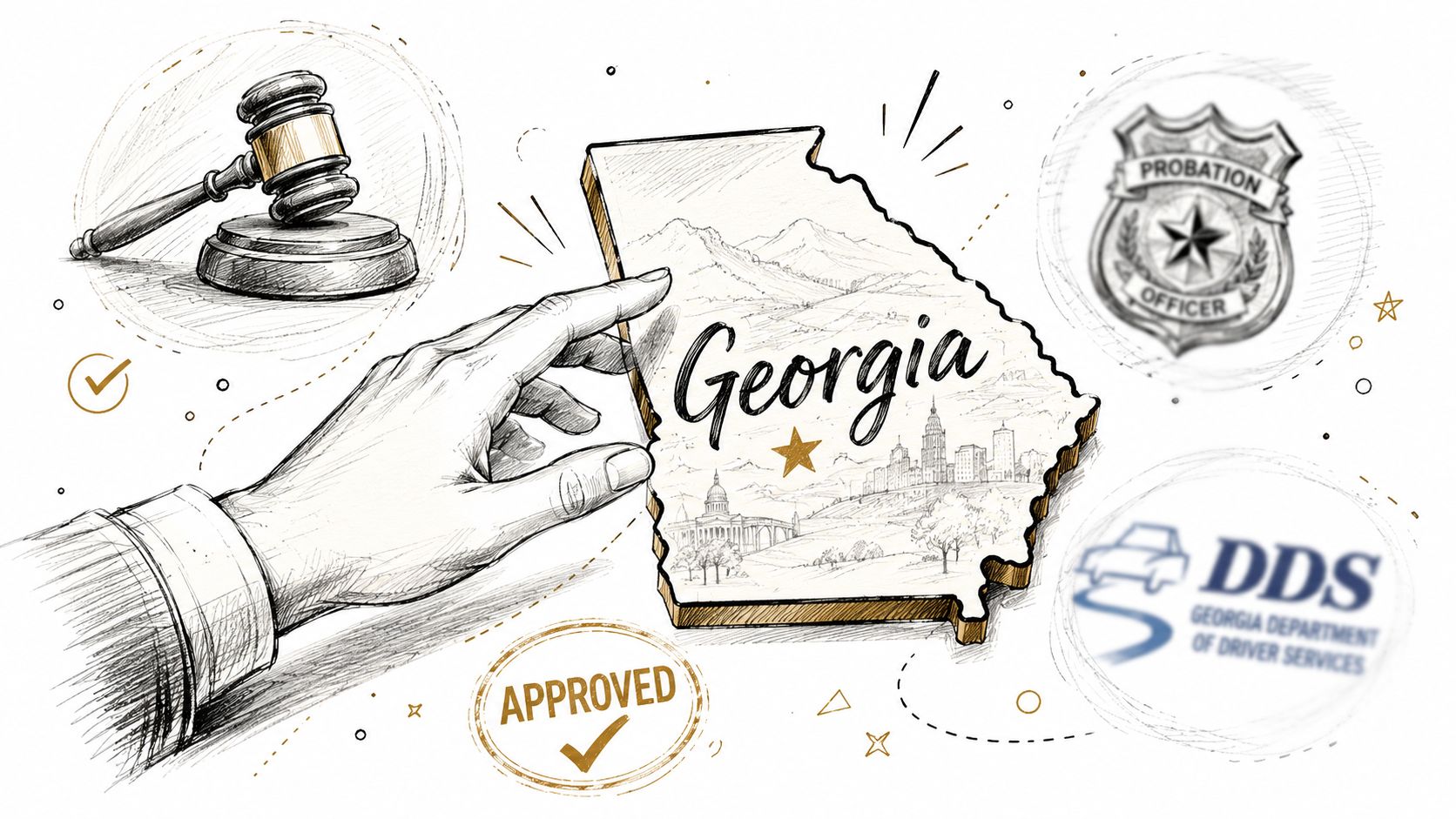 A hand pointing to a map of Georgia surrounded by legal, probation, and driver services icons.