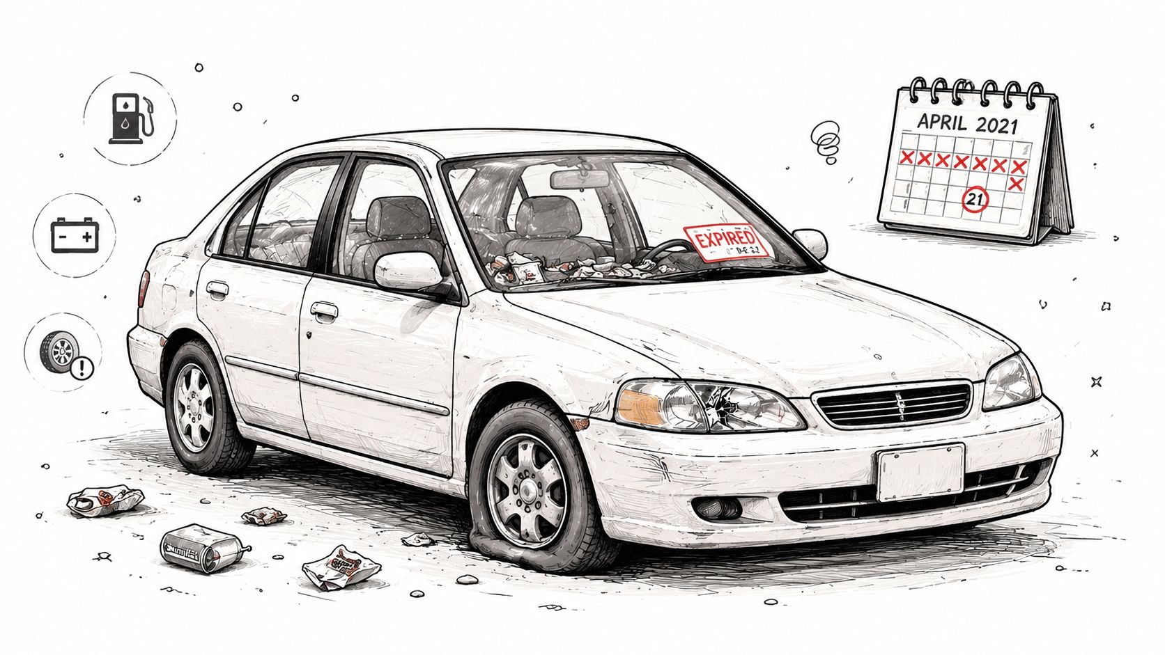 An illustration of an abandoned, dirty car with an expired registration and a flat tire.