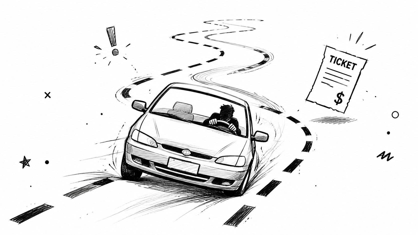 A black and white line drawing of a person driving a car recklessly on a winding road.