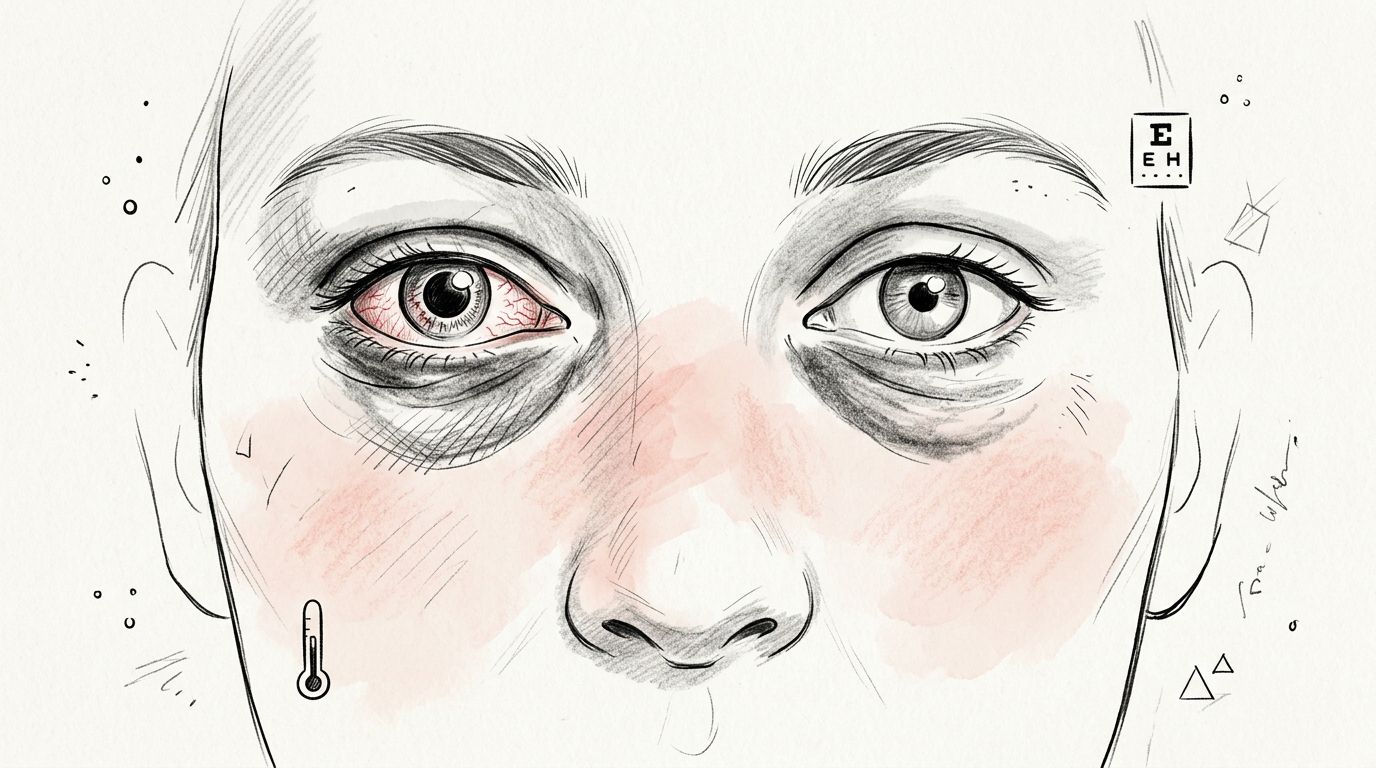 A hand-drawn sketch illustration of a person with bloodshot eyes, dark circles, and flushed skin cheeks.