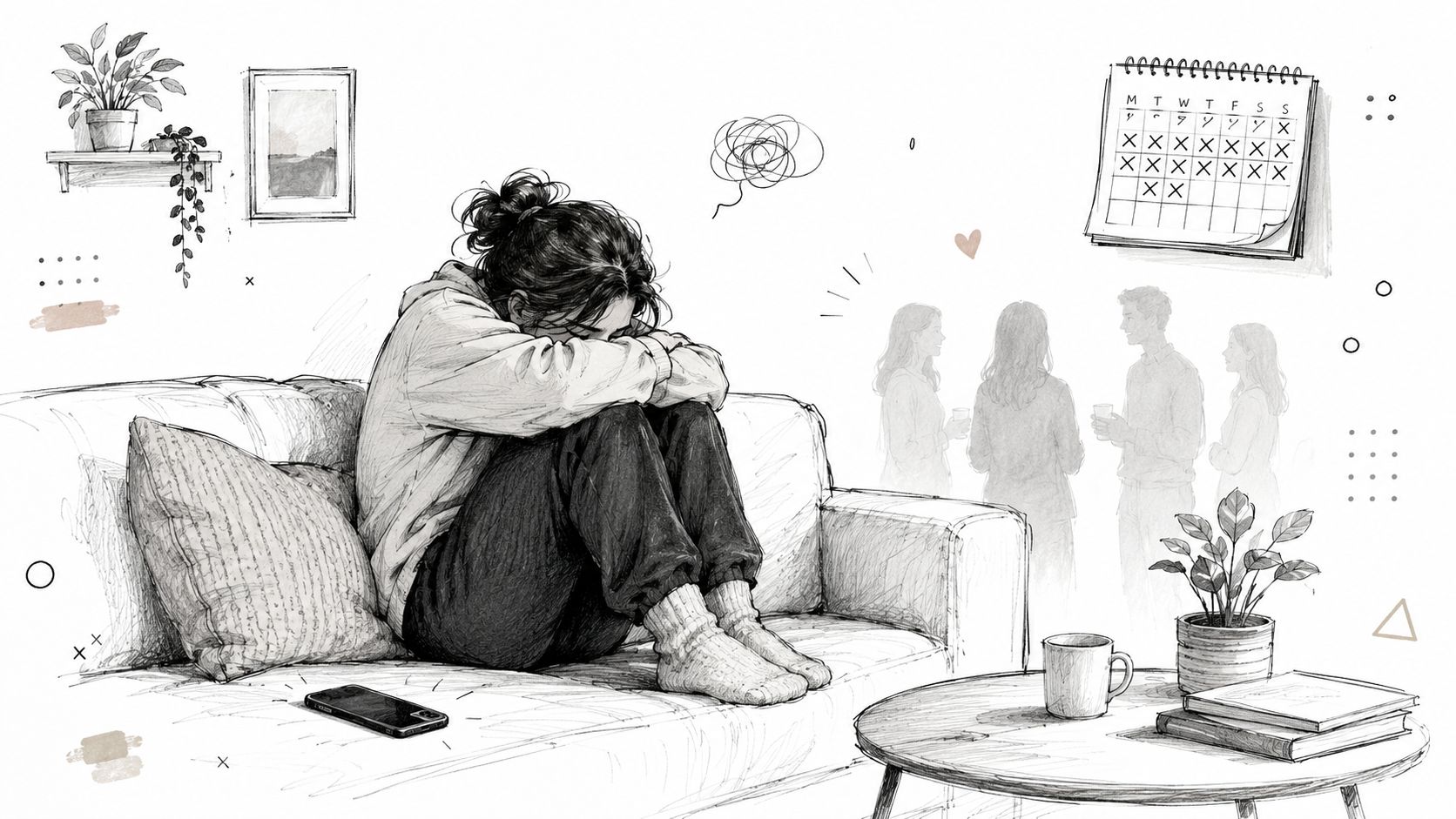 A line drawing of a person sitting alone on a couch, feeling isolated and withdrawn from social interactions.