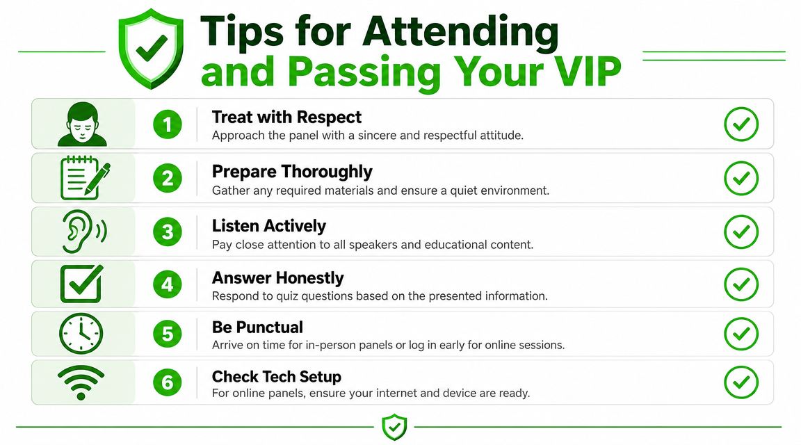 A list of six tips for attending and successfully passing a Victim Impact Panel, presented in an infographic.
