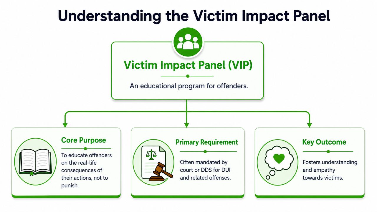 An infographic titled Understanding the Victim Impact Panel outlining its core purpose, requirements, and key outcomes.