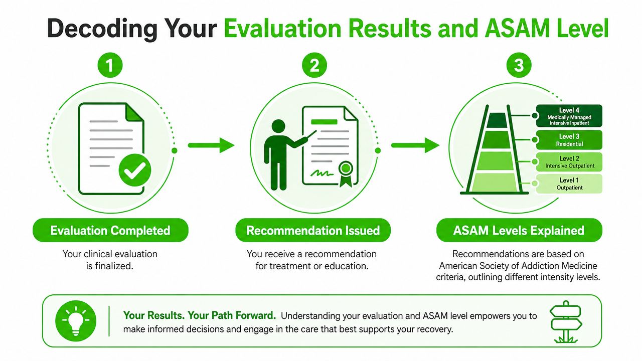 A diagram illustrating the three steps of the clinical evaluation process and the different levels of addiction treatment.