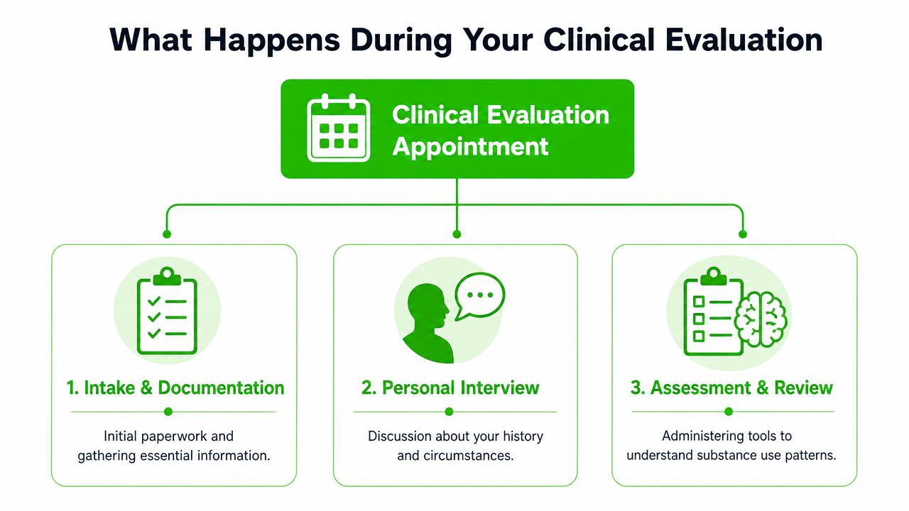 A flowchart infographic titled What Happens During Your Clinical Evaluation illustrating three steps of the clinical assessment process.