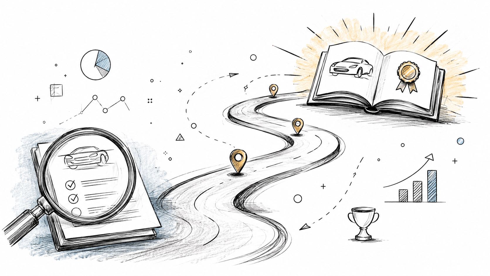 A conceptual illustration showing a car inspection, a winding road, and a final achievement goal.