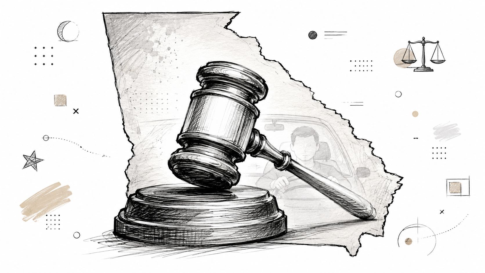 A pencil sketch of a gavel over a Georgia state map outline with a driver in the background.