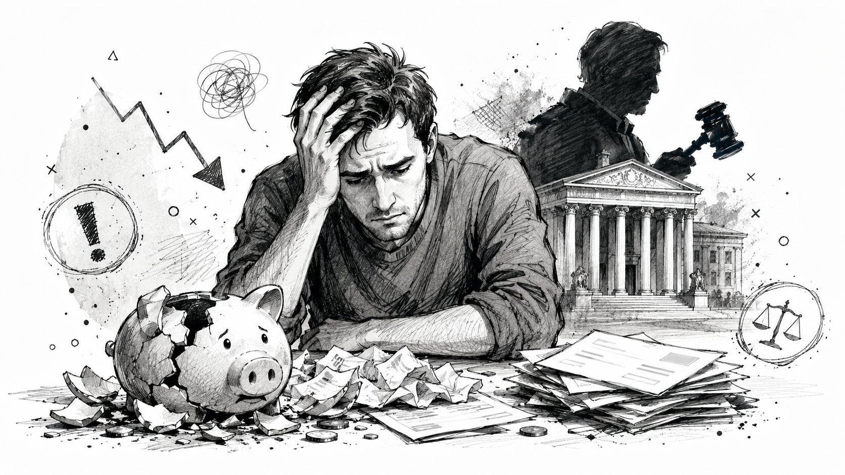 A distressed man sitting at a desk with a broken piggy bank and legal documents, reflecting financial struggles.