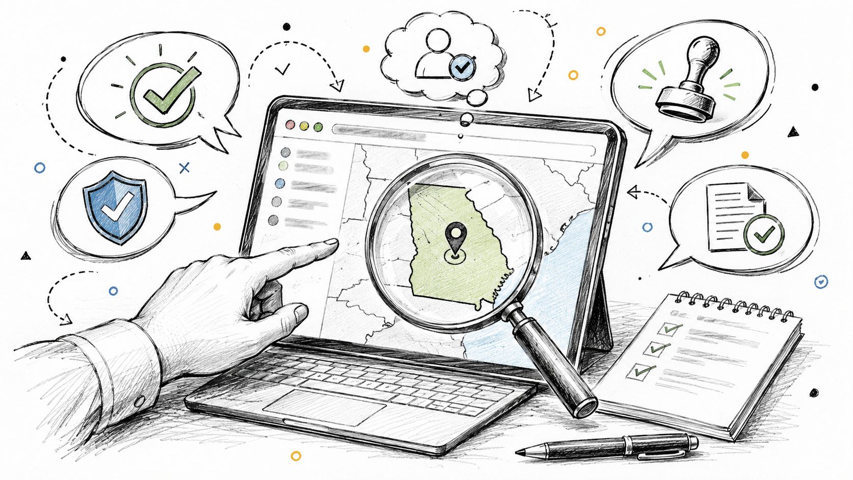 A hand points at a laptop screen displaying a map of Georgia with a magnifying glass overlay.