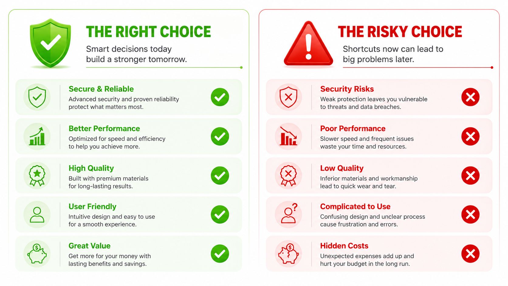 A comparison chart showing the benefits of making smart, reliable choices versus the drawbacks of risky shortcuts.