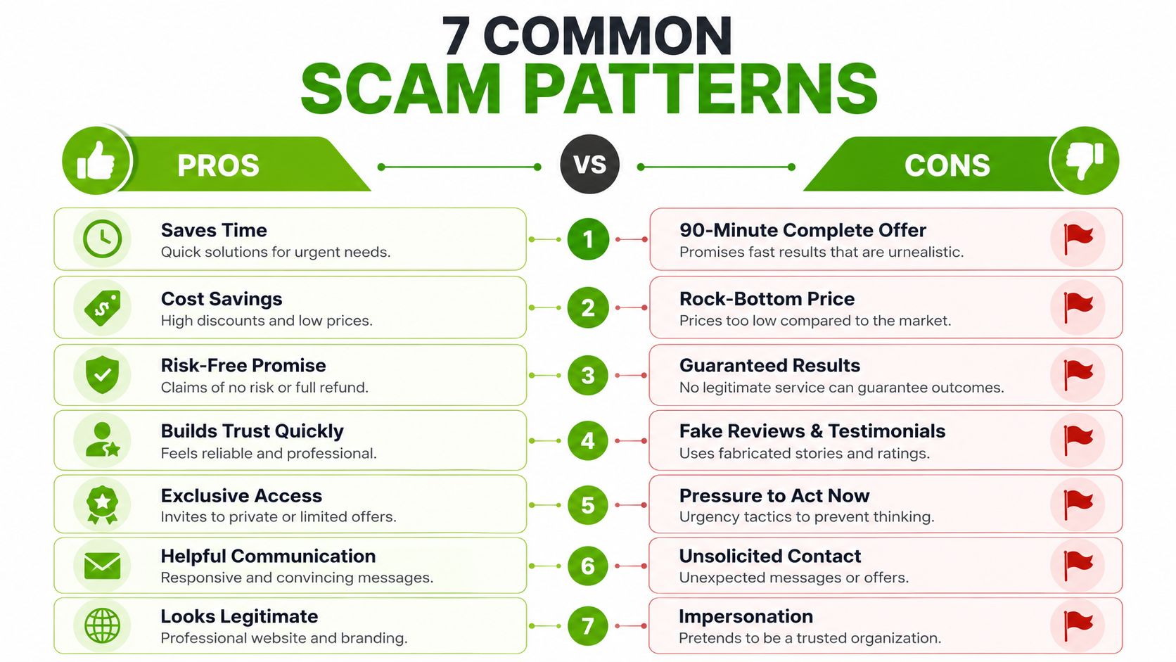A comparative infographic highlighting seven common scam patterns against their positive-looking counterparts to help spot fraud.