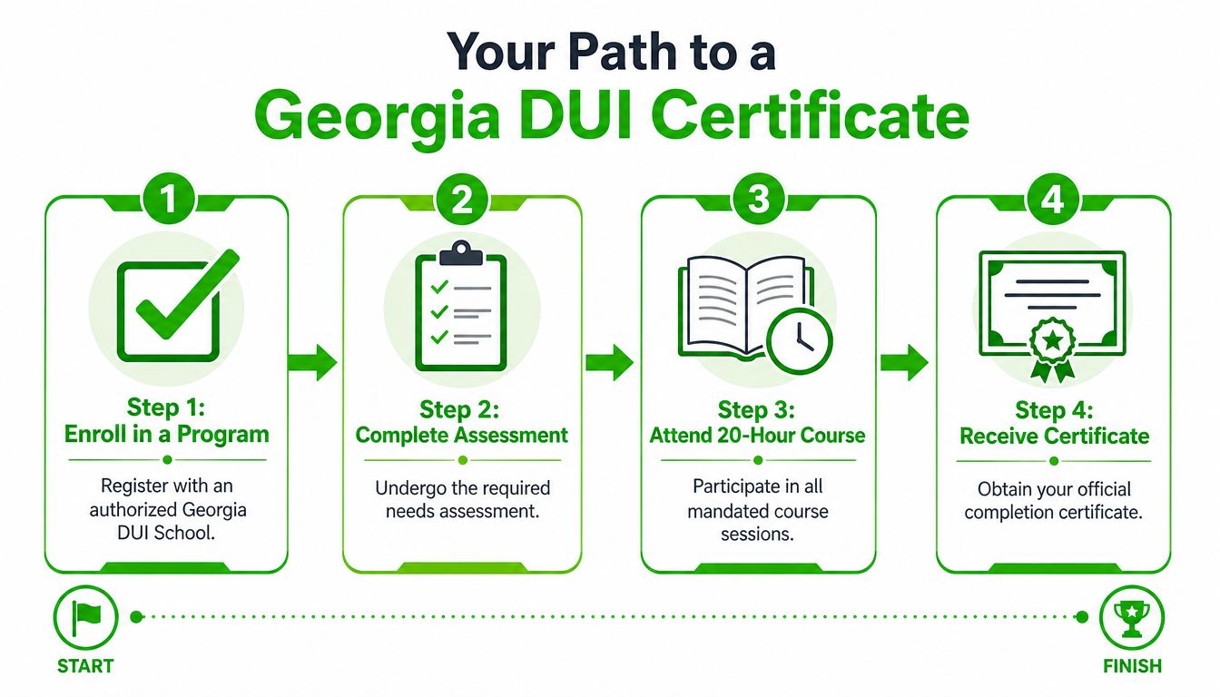 A four-step infographic illustrating the path to obtaining a Georgia DUI certificate, from enrollment to completion.