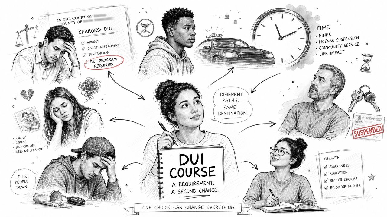 A pencil sketch illustrating the impacts of a DUI and the potential for growth through a required course.