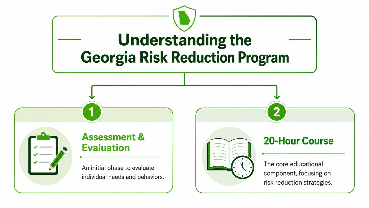A diagram outlining the two steps of the Georgia Risk Reduction Program: Assessment and 20-Hour Course.