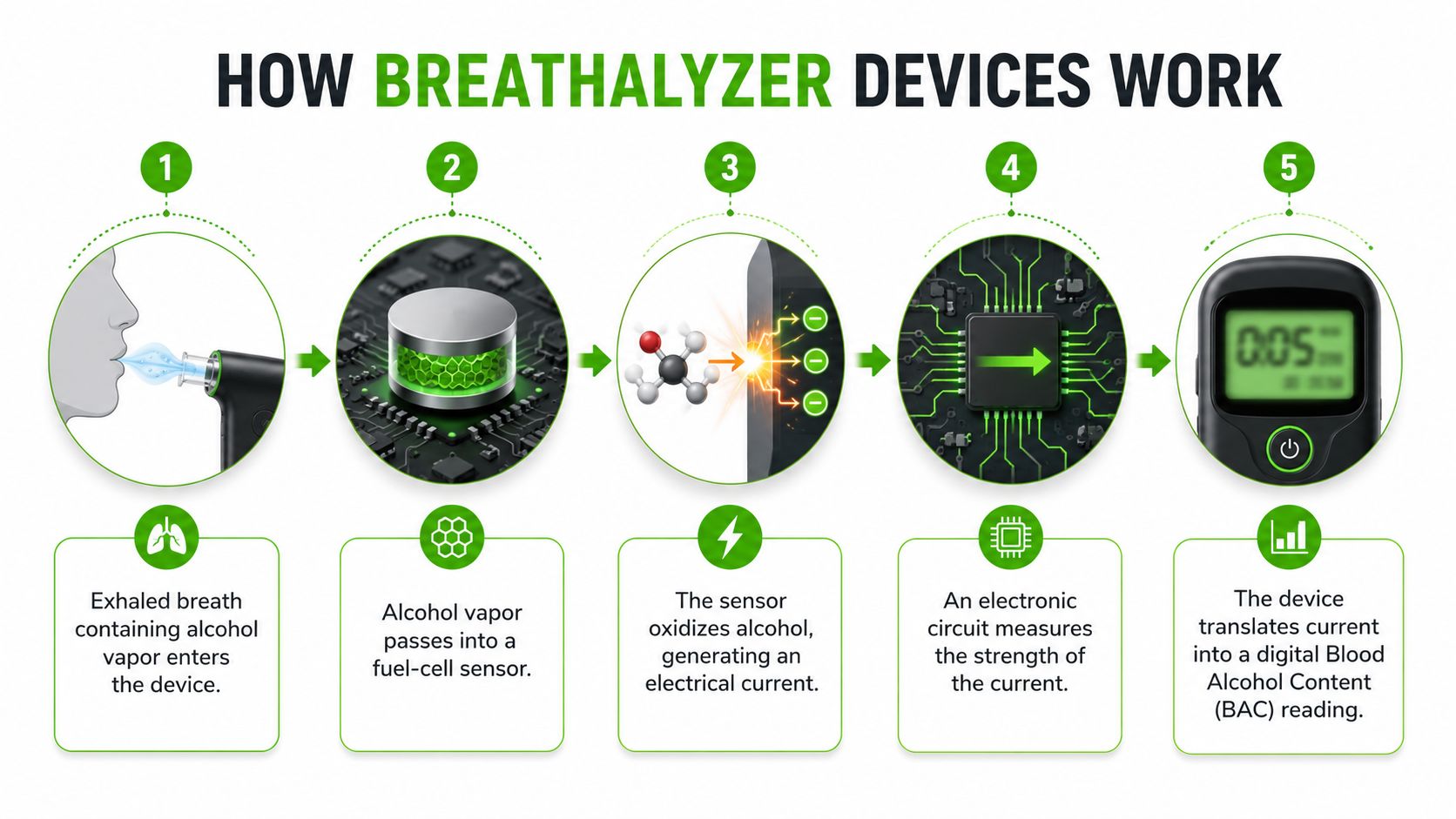 A diagram illustrating the five-step process of how a fuel-cell breathalyzer device measures blood alcohol content.