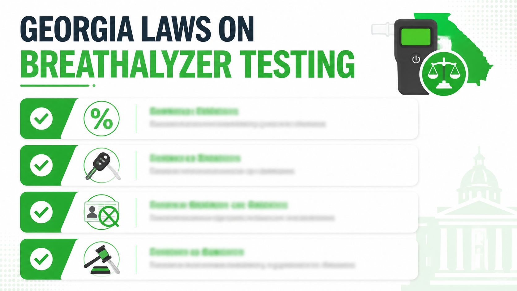 An informational graphic titled Georgia Laws on Breathalyzer Testing outlining key legal requirements and implications.
