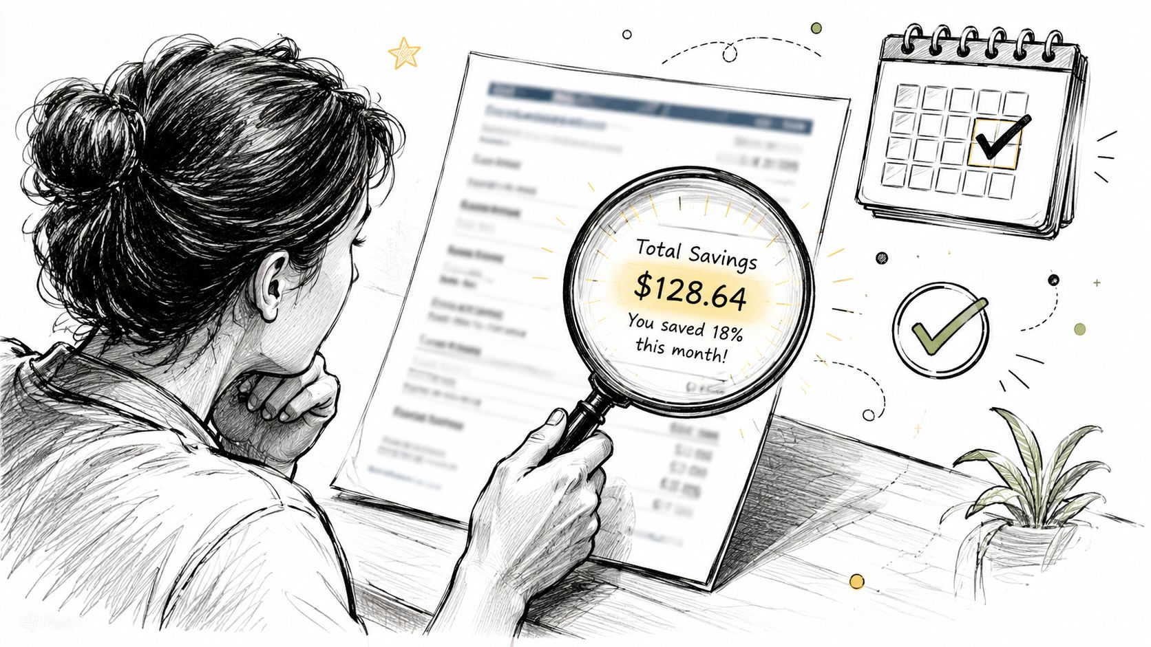 A woman using a magnifying glass to review financial savings on a document with a calendar nearby.