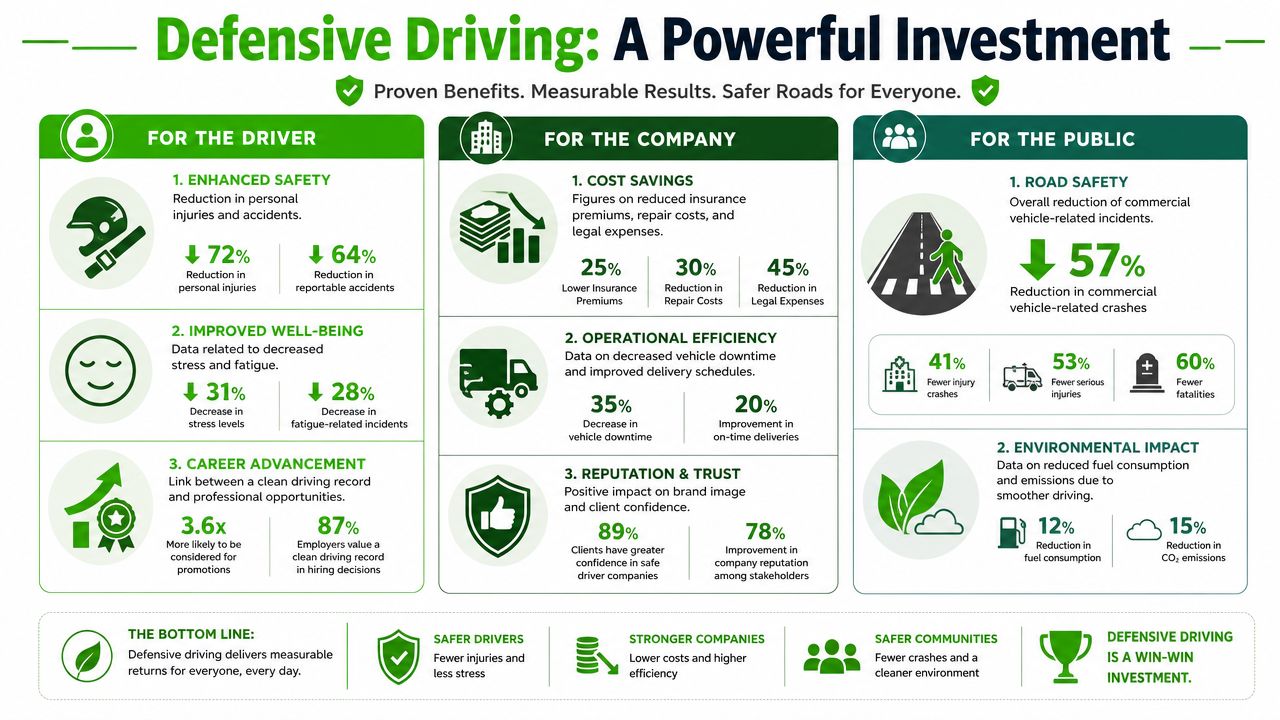 An infographic titled Defensive Driving A Powerful Investment highlighting benefits for drivers, companies, and the public.