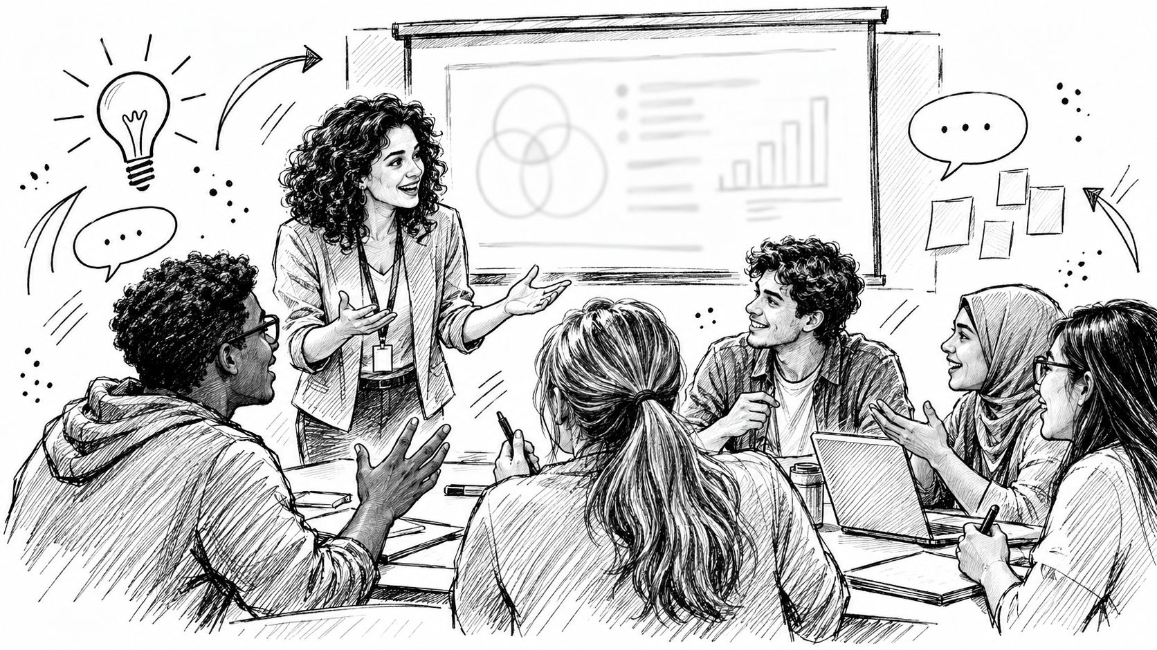 A professional team collaborating during a business presentation with charts and diagrams on a whiteboard screen.