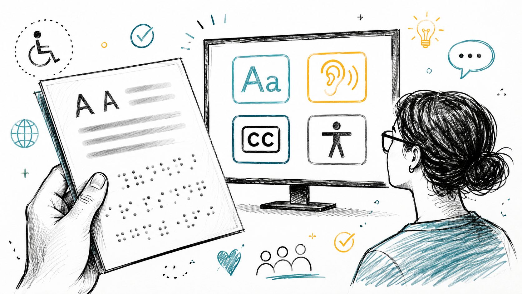 A person viewing digital accessibility options on a monitor while holding a document with braille text.