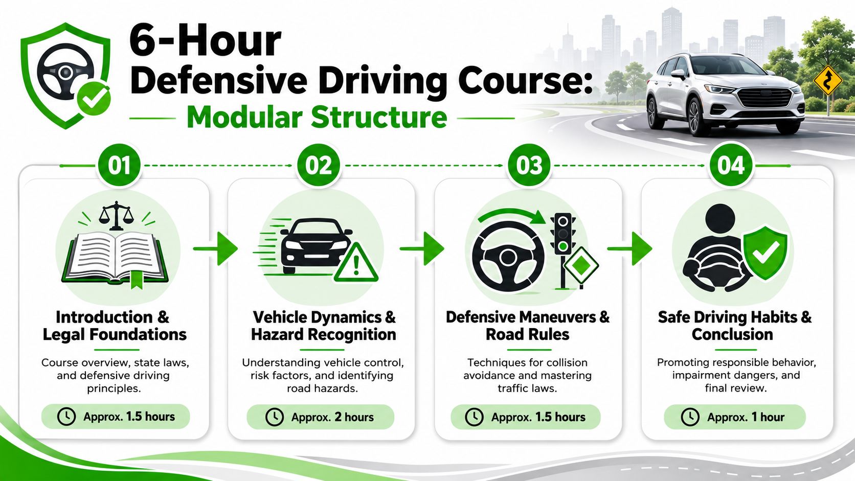 A diagram outlining a 6-hour defensive driving course divided into four modular sections with time estimates.