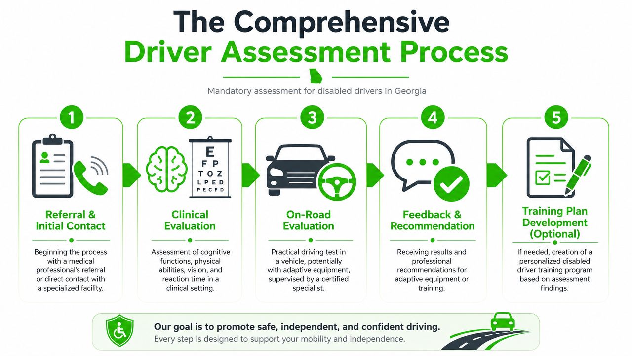 A five-step infographic explaining the comprehensive driver assessment process for disabled drivers in the state of Georgia.