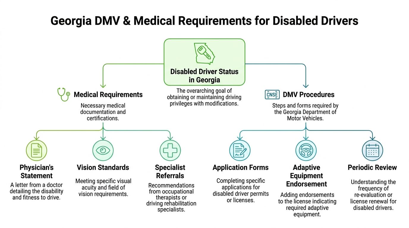 A flowchart outlining the medical requirements and DMV procedures for disabled drivers in Georgia.