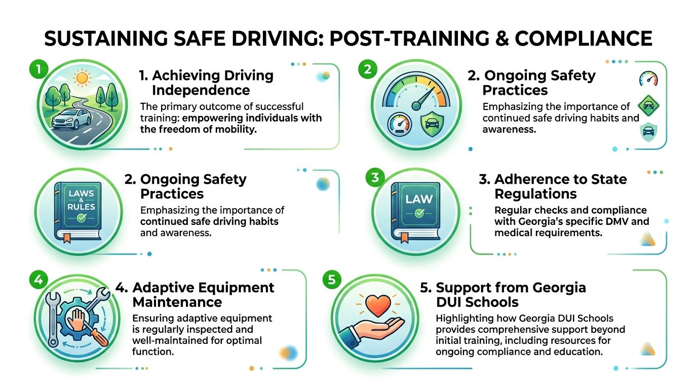 An infographic detailing steps for post-training safety, compliance, and support for drivers with disabilities in Georgia.