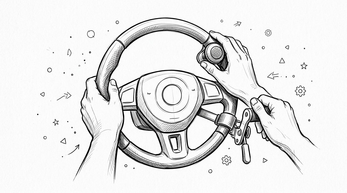 A line art sketch of a driver's hands using a steering wheel spinner knob for adaptive vehicle control.
