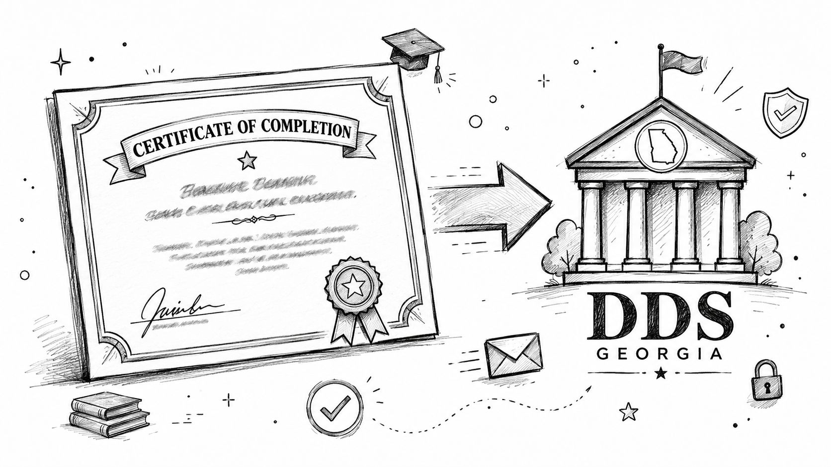 A hand-drawn sketch showing a certificate of completion being submitted to the Georgia Department of Driver Services.