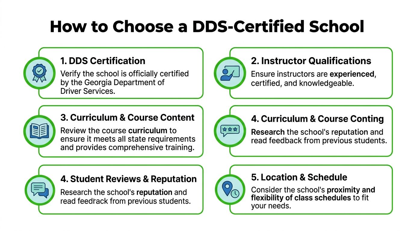 A helpful infographic showing six essential steps for choosing a certified Georgia driver education school.