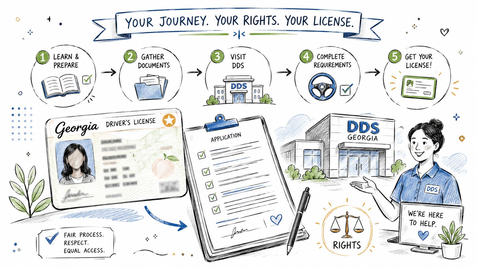 An illustrated guide outlining the five-step process for obtaining a Georgia driver's license from the DDS.