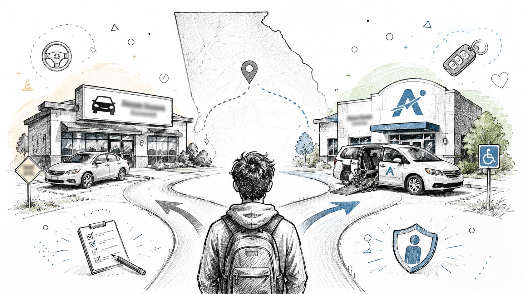 A person standing at a fork in the road choosing between traditional driving school and specialized instruction.