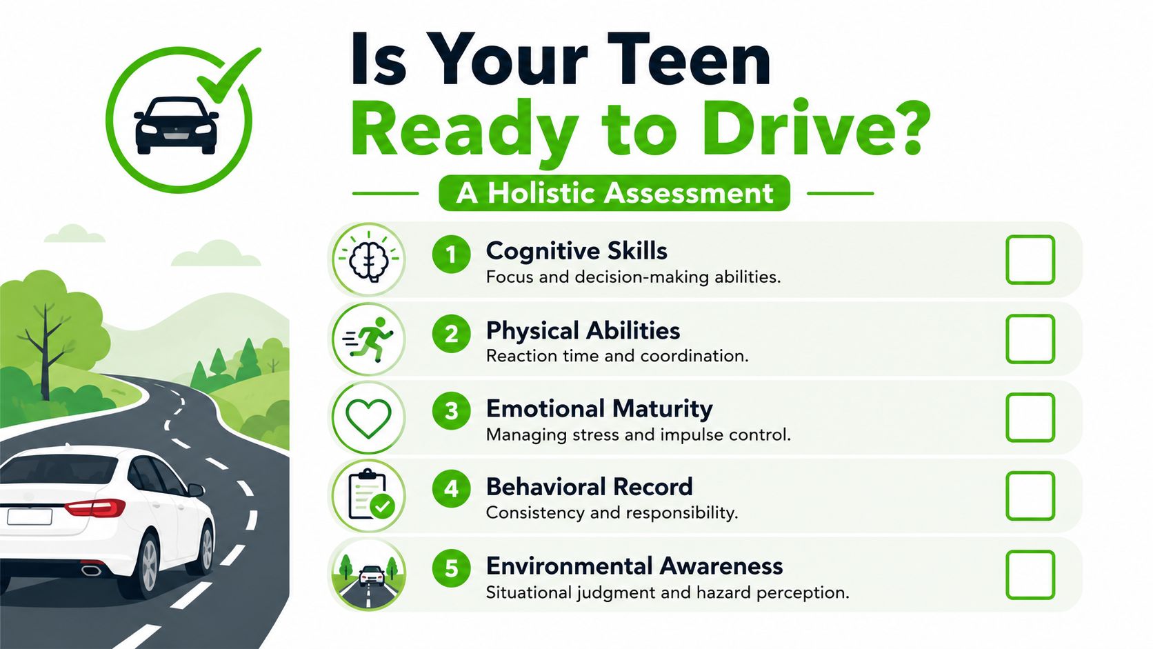 An infographic titled Is Your Teen Ready to Drive with a checklist for evaluating five key skills.