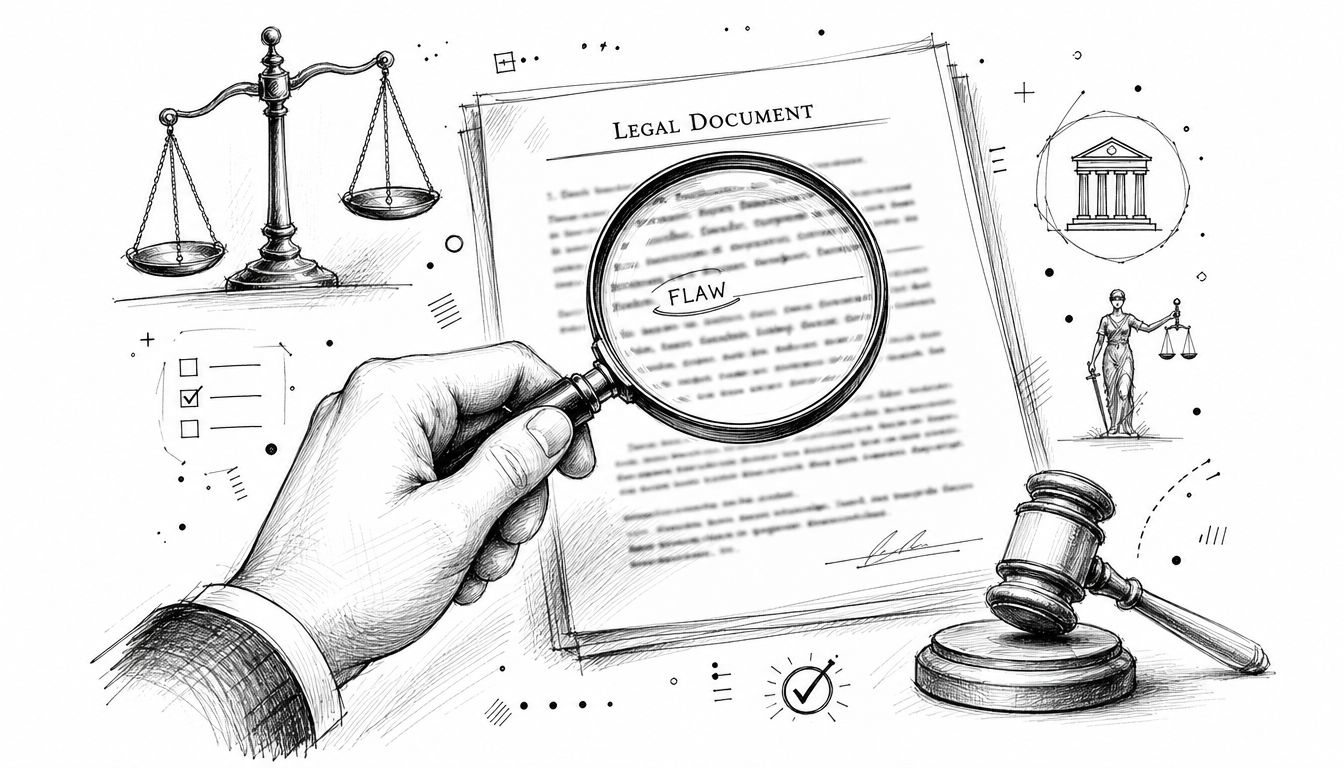 A hand holding a magnifying glass over a legal document with a visible flaw, surrounded by justice symbols.