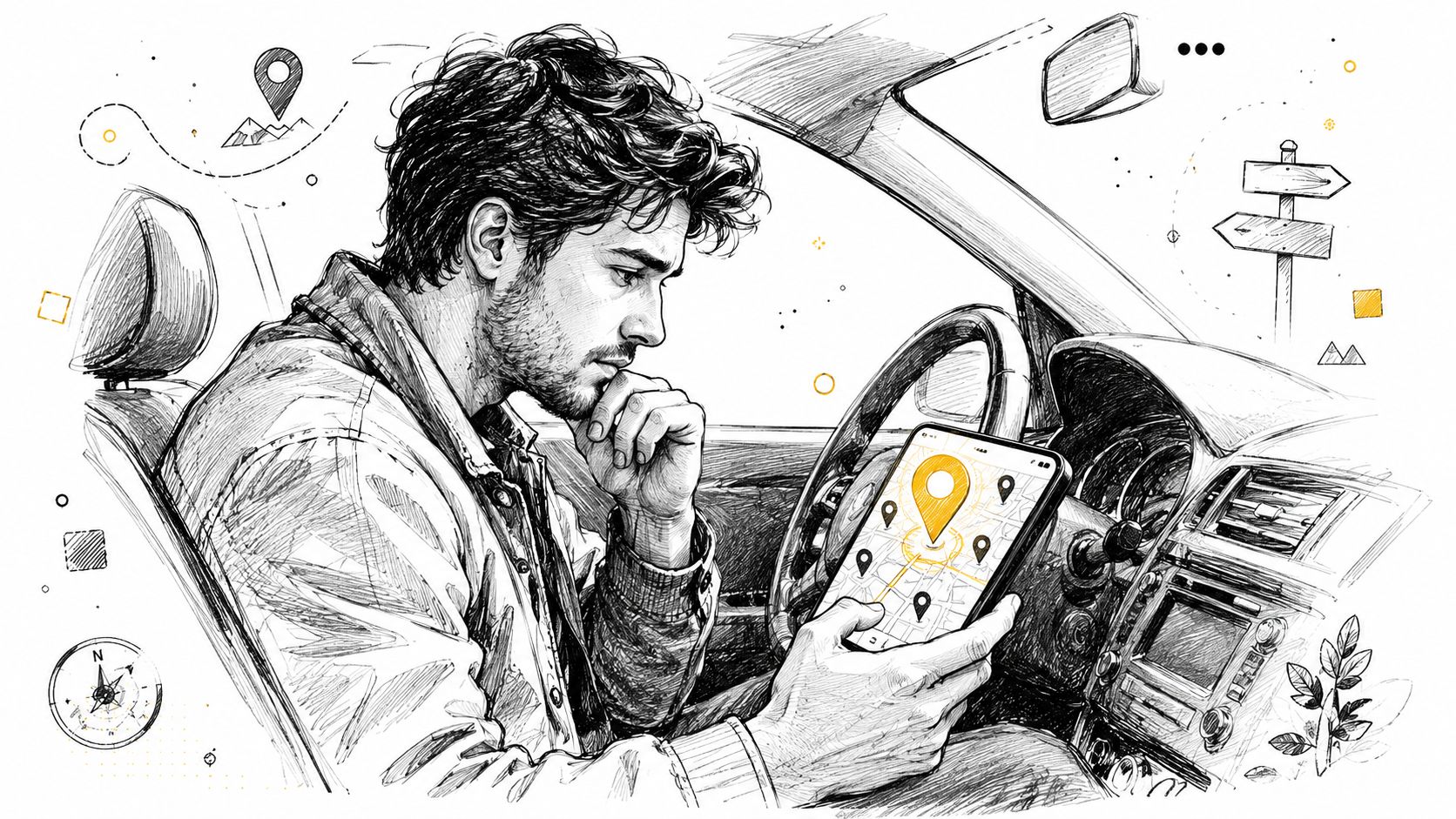 A sketched illustration of a man sitting in his car while looking at a navigation app.