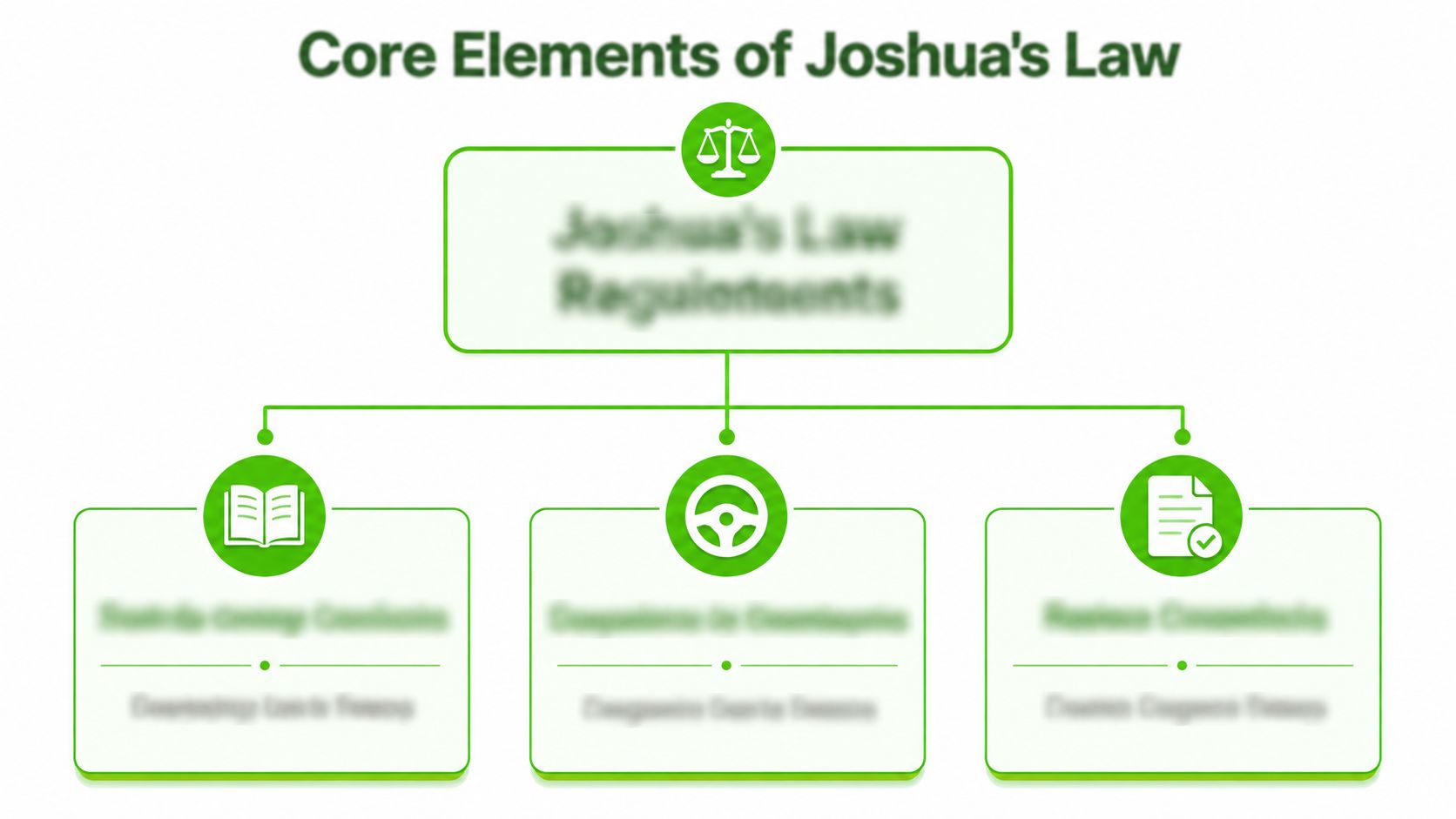 A diagram outlining the core elements of Joshua's Law with icons for education, driving practice, and certification.