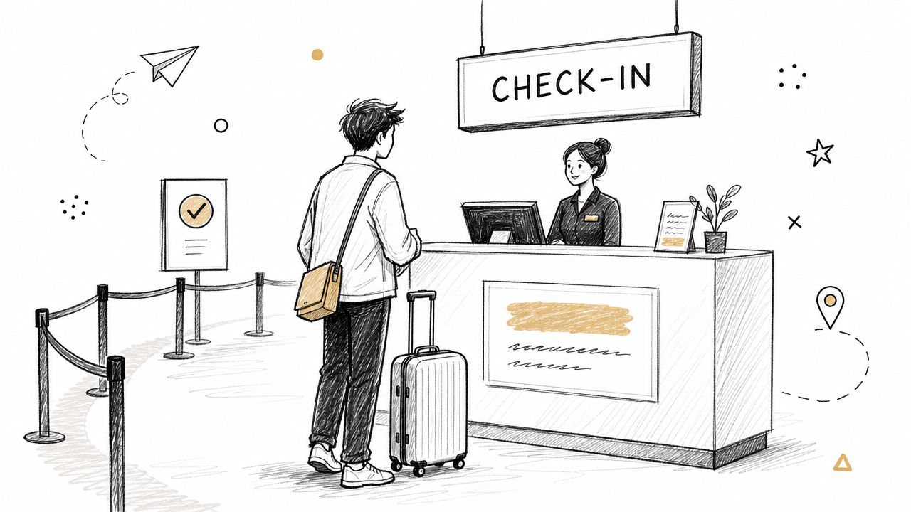 A traveler with a suitcase waits at a hotel or airport check-in counter to speak with staff.