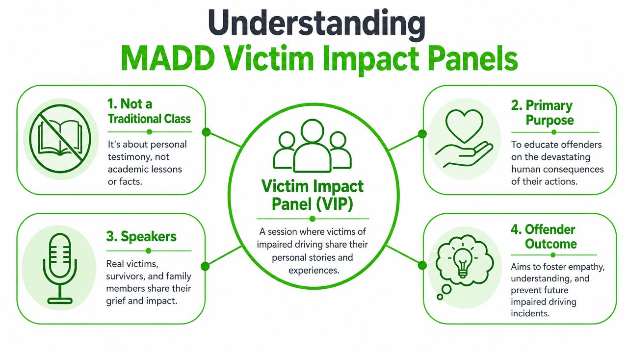 An infographic titled Understanding MADD Victim Impact Panels explaining the purpose and structure of the educational session.