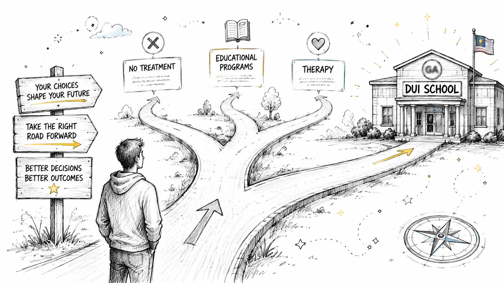 A conceptual illustration of a person choosing paths between treatment options and a DUI school building.
