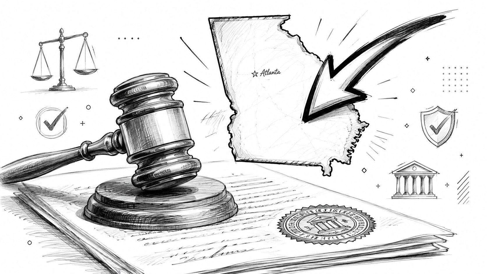 A gavel resting on a legal document in Georgia with courthouse symbols, representing legal mental health processes.