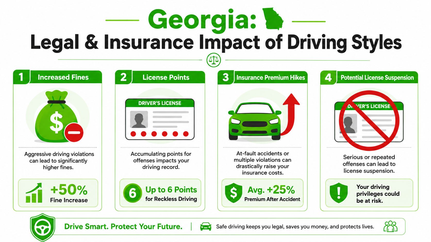 An infographic detailing the legal and insurance consequences of poor driving habits in the state of Georgia.