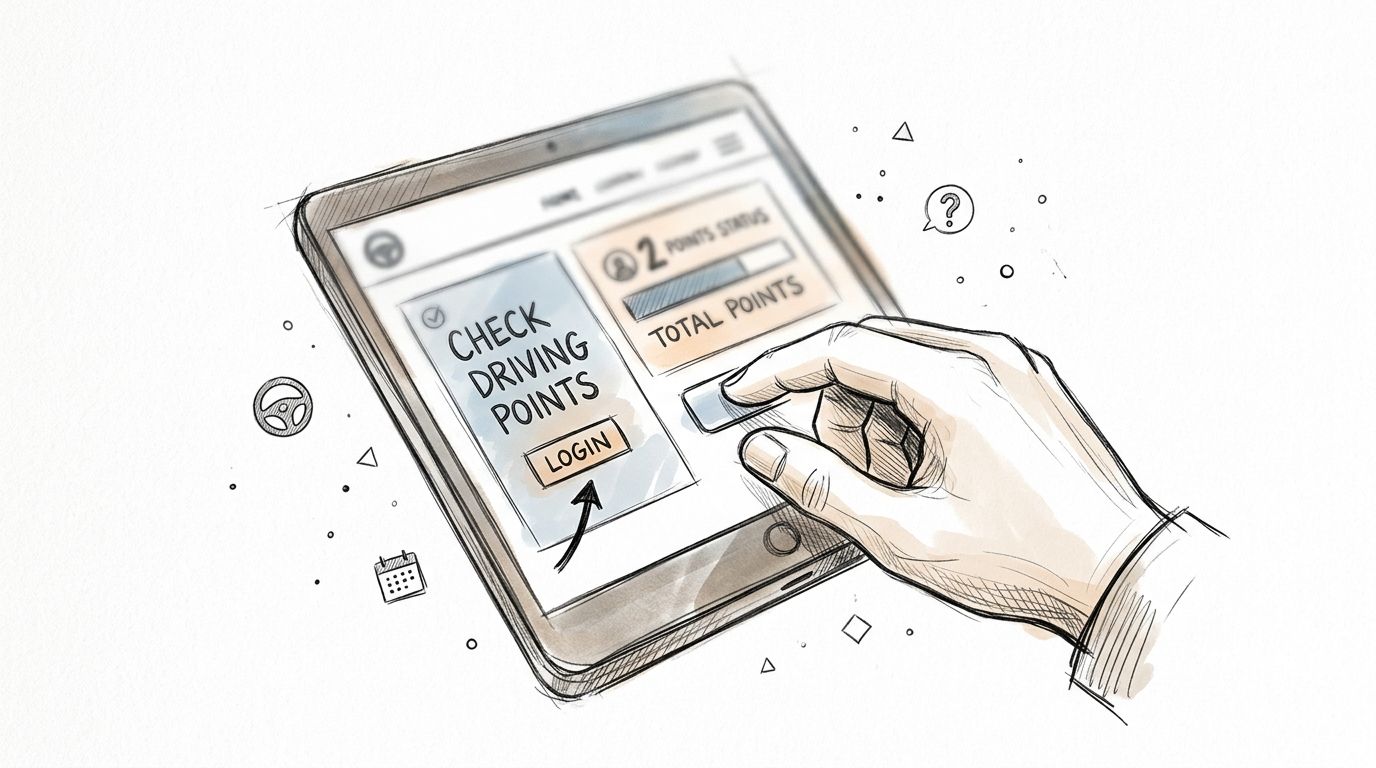 A hand interacting with a tablet screen showing an application for checking driving points balance status.