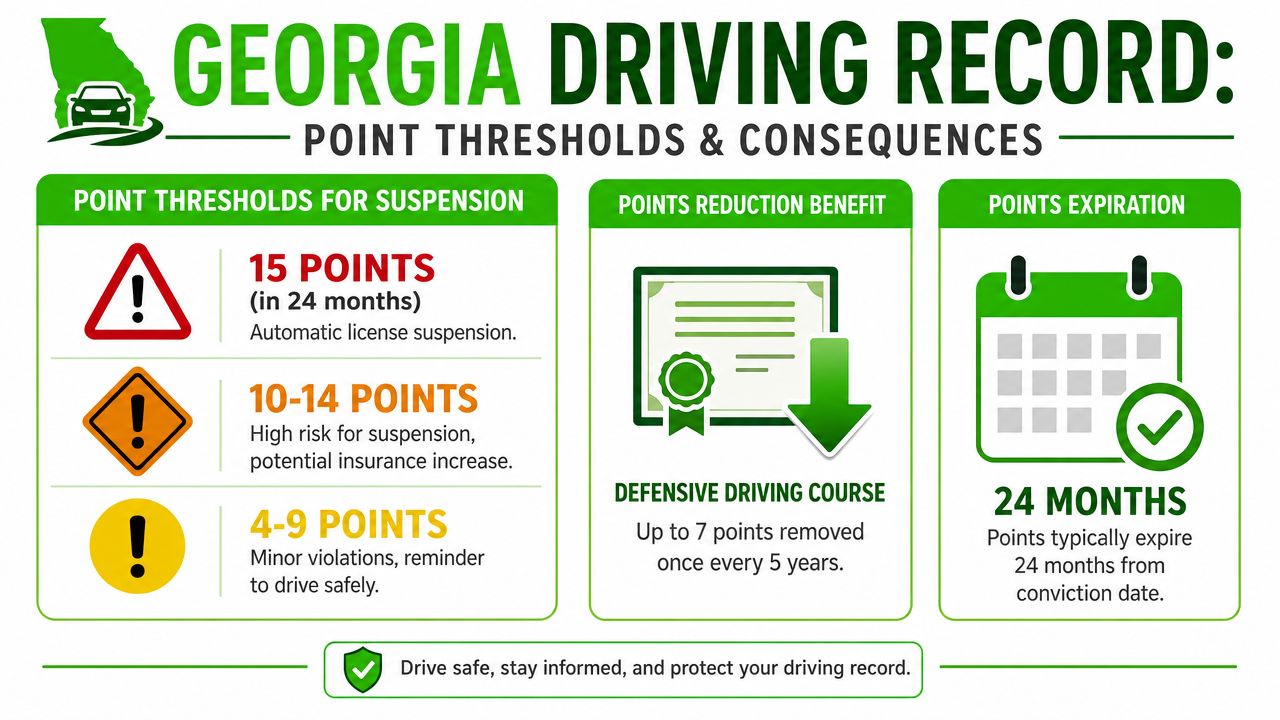 An infographic titled Georgia Driving Record showing point thresholds, suspension consequences, and points reduction program details.