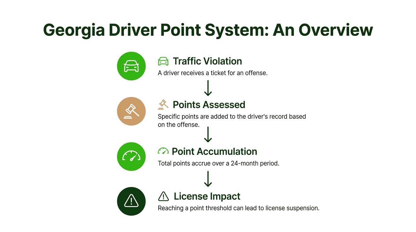 A flowchart explaining the Georgia driver point system process from traffic violation to potential license suspension.