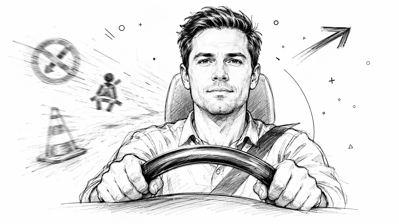 A sketched illustration of a focused man driving a car with safety symbols and icons behind him.