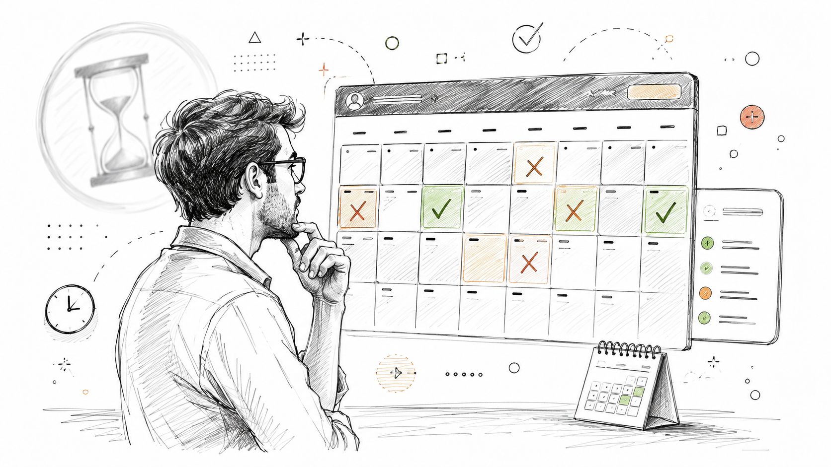 A man thoughtfully looking at a digital calendar interface while planning his schedule and appointments.