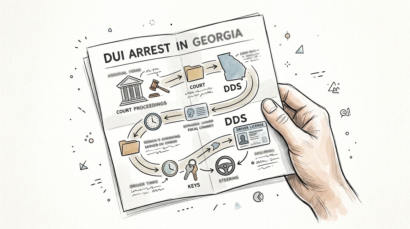 A hand holding an illustrated infographic showing the steps of a DUI arrest process in Georgia.